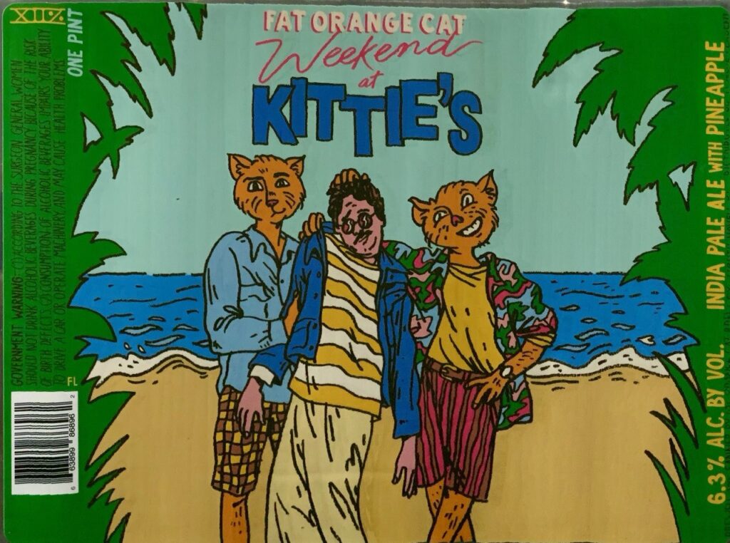 Fat Orange Cat Weekend At Kittie's pineapple IPA label panorama with two orange cats in a beach parody scene