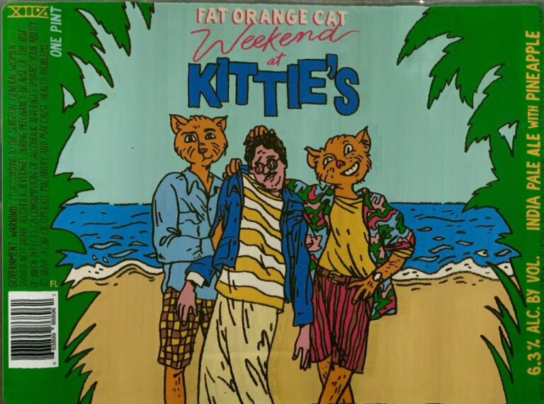Fat Orange Cat Weekend At Kittie's pineapple IPA label panorama with two orange cats in a beach parody scene