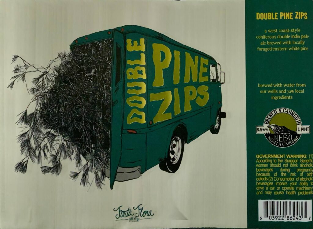 Fonta Flora Double Pine Zips beer label artwork with pine-loaded delivery truck