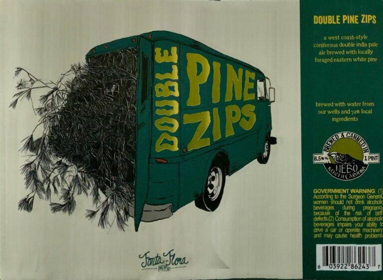 Fonta Flora Double Pine Zips beer label artwork with pine-loaded delivery truck