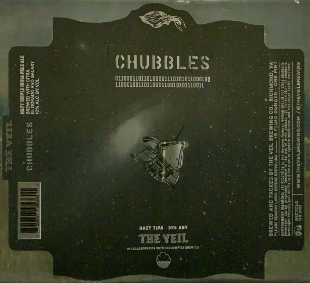 The Veil and Cloudwater Chubbles black space-themed label panorama with an astronaut and binary text