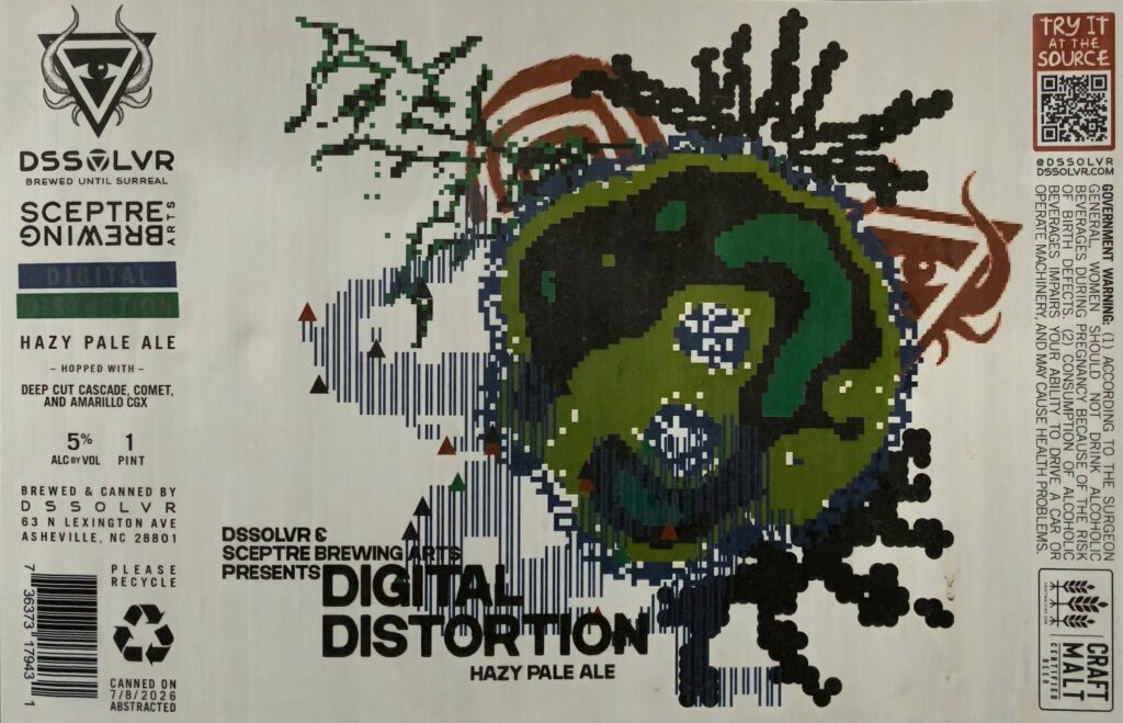 Digital Distortion white beer label with pixelated green, navy, and black globe artwork