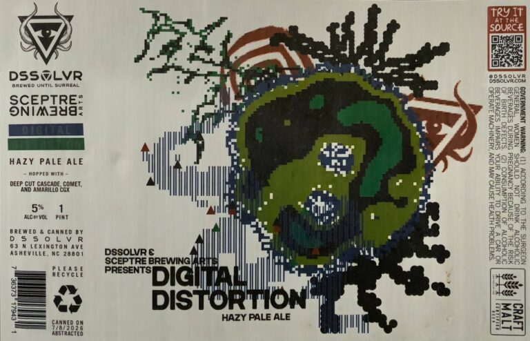 Digital Distortion white beer label with pixelated green, navy, and black globe artwork