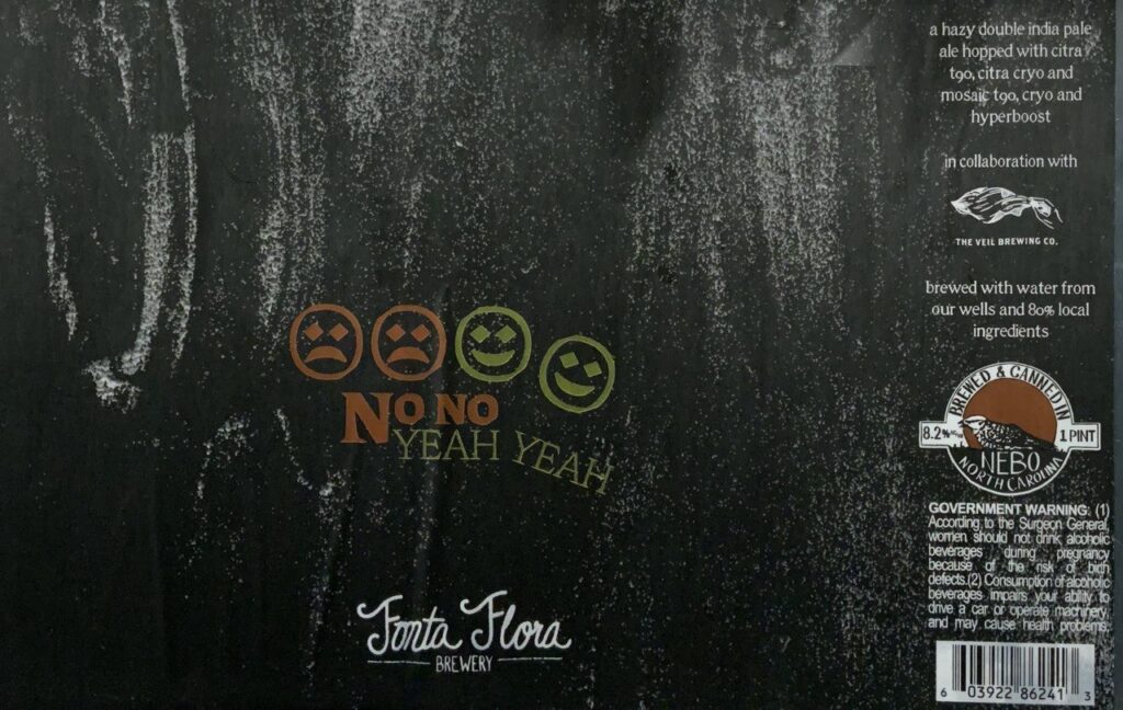 No No Yeah Yeah distressed black beer label with orange and green face icons