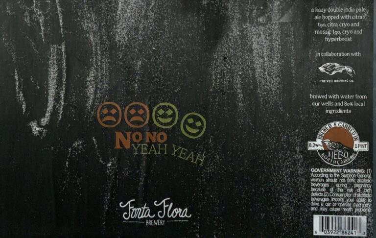 No No Yeah Yeah distressed black beer label with orange and green face icons