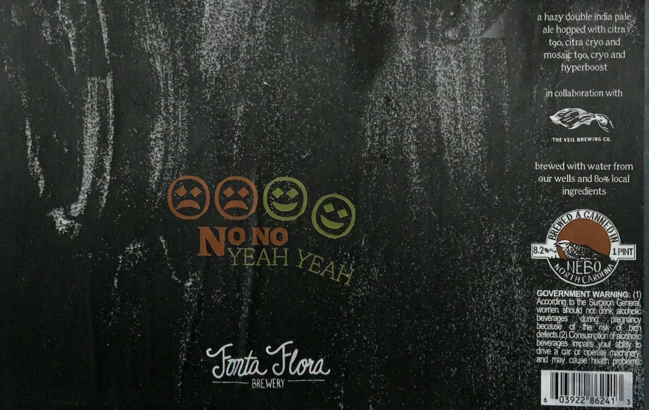 No No Yeah Yeah distressed black beer label with orange and green face icons